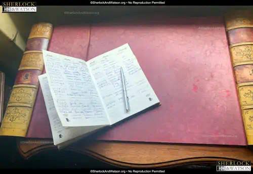 Image of an open ledger / diary found at the Sherlock Holmes Museum